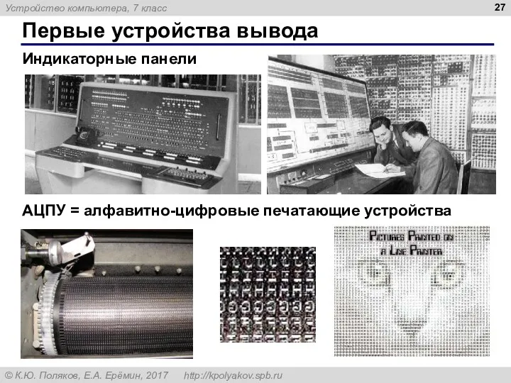 Первые устройства вывода АЦПУ = алфавитно-цифровые печатающие устройства Индикаторные панели