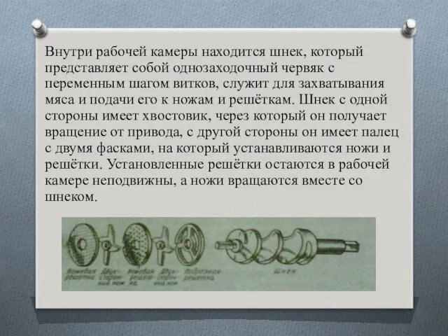 Внутри рабочей камеры находится шнек, который представляет собой однозаходочный червяк