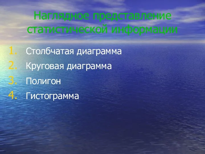 Наглядное представление статистической информации Столбчатая диаграмма Круговая диаграмма Полигон Гистограмма