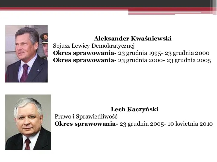 Aleksander Kwaśniewski Sojusz Lewicy Demokratycznej Okres sprawowania- 23 grudnia 1995-