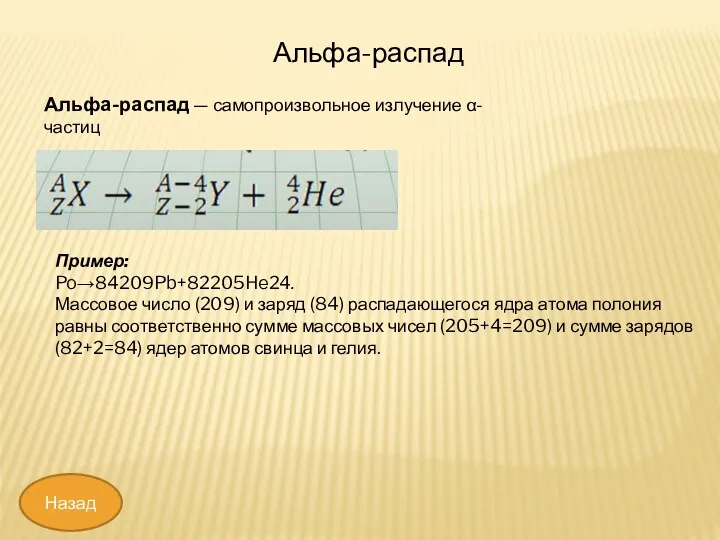 Альфа-распад — самопроизвольное излучение α-частиц Альфа-распад Пример: Po→84209Pb+82205He24. Массовое число