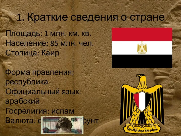 1. Краткие сведения о стране Площадь: 1 млн. км. кв. Население: 85 млн.