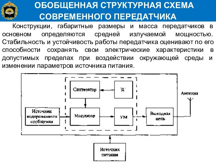 ОБОБЩЕННАЯ СТРУКТУРНАЯ СХЕМА СОВРЕМЕННОГО ПЕРЕДАТЧИКА Конструкции, габаритные размеры и масса