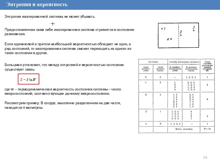Энтропия и вероятность Больцман установил, что между энтропией и вероятностью