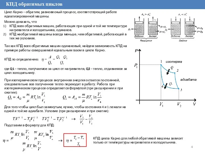 КПД обратимых циклов Цикл Карно – обратим, равновесный процесс, соответствующий