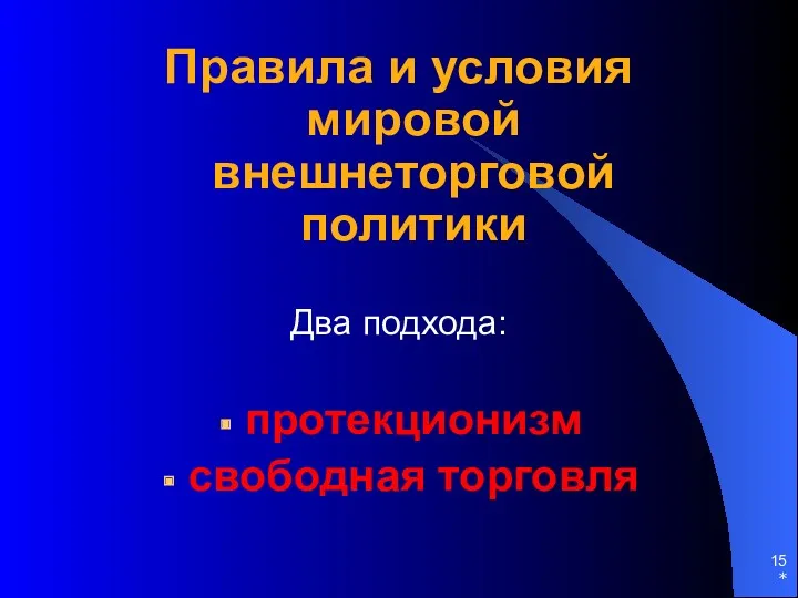 Правила и условия мировой внешнеторговой политики Два подхода: протекционизм свободная торговля *