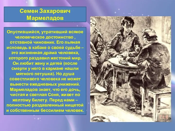 Семен Захарович Мармеладов Опустившийся, утративший всякое человеческое достоинство , отставной