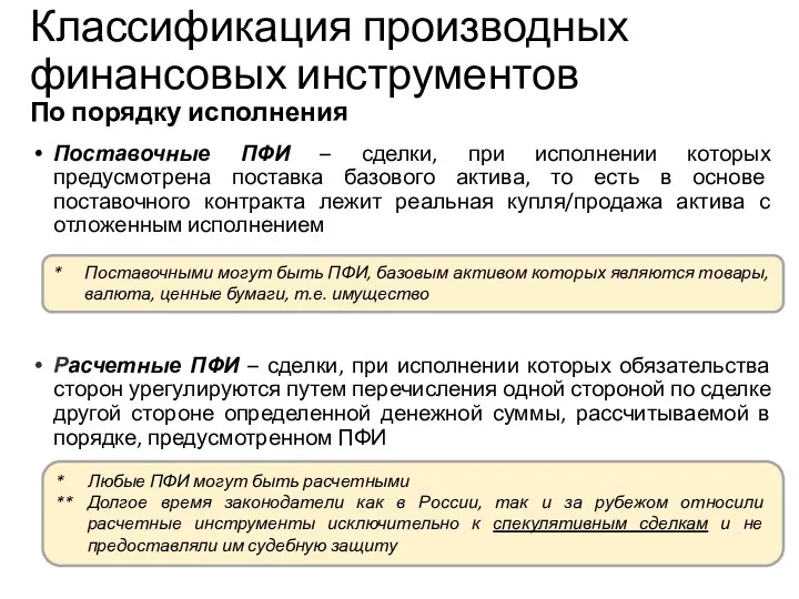 Классификация производных финансовых инструментов По порядку исполнения Поставочные ПФИ –