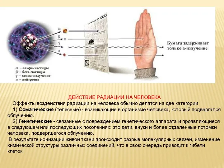 ДЕЙСТВИЕ РАДИАЦИИ НА ЧЕЛОВЕКА Эффекты воздействия радиации на человека обычно