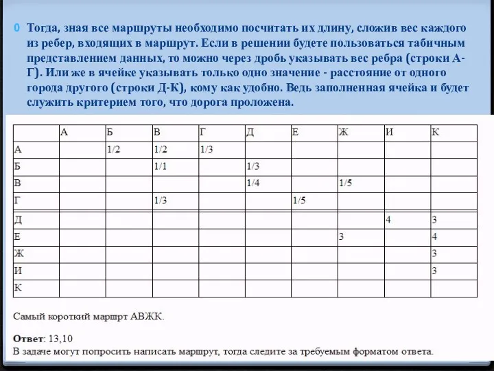 Тогда, зная все маршруты необходимо посчитать их длину, сложив вес