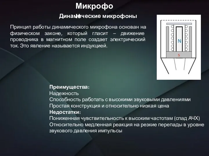 Микрофон Динамические микрофоны Преимущества: Надежность Способность работать с высокими звуковыми