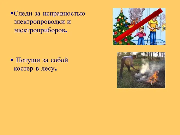 Следи за исправностью электропроводки и электроприборов. Потуши за собой костер в лесу.