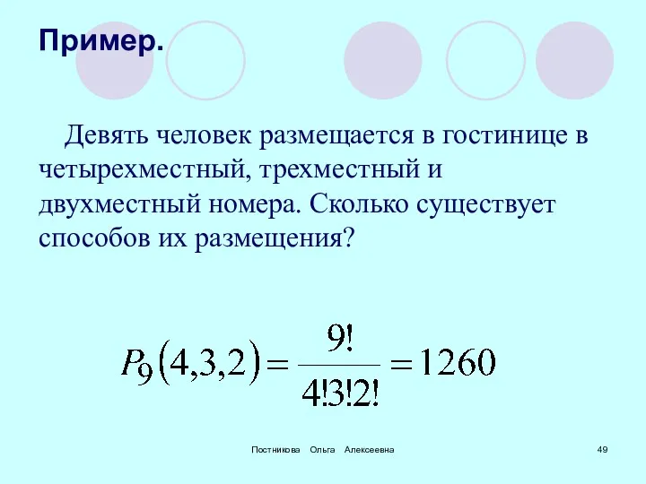 Постникова Ольга Алексеевна Пример. Девять человек размещается в гостинице в