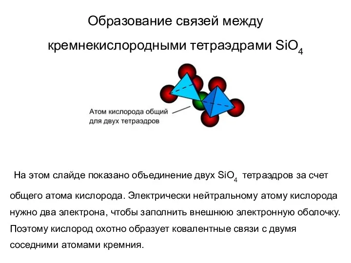 Образование связей между кремнекислородными тетраэдрами SiO4 На этом слайде показано