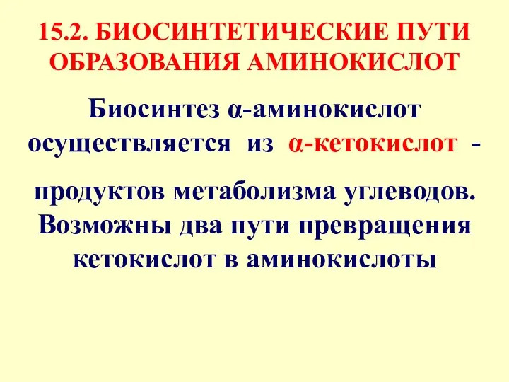 15.2. БИОСИНТЕТИЧЕСКИЕ ПУТИ ОБРАЗОВАНИЯ АМИНОКИСЛОТ Биосинтез α-аминокислот осуществляется из α-кетокислот