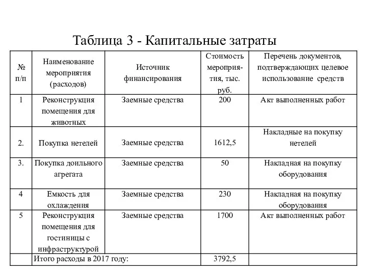 Таблица 3 - Капитальные затраты