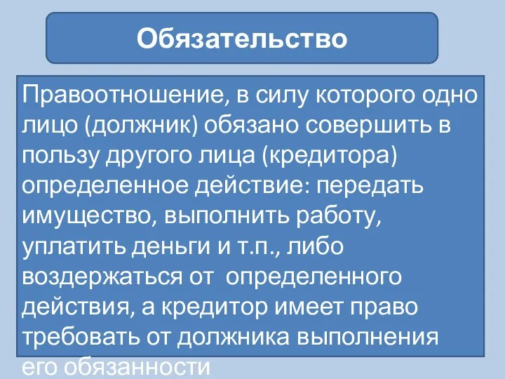 Обязательство Правоотношение, в силу которого одно лицо (должник) обязано совершить