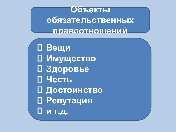 Объекты обязательственных правоотношений Вещи Имущество Здоровье Честь Достоинство Репутация и т.д.