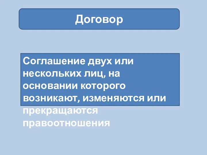 Договор Соглашение двух или нескольких лиц, на основании которого возникают, изменяются или прекращаются правоотношения