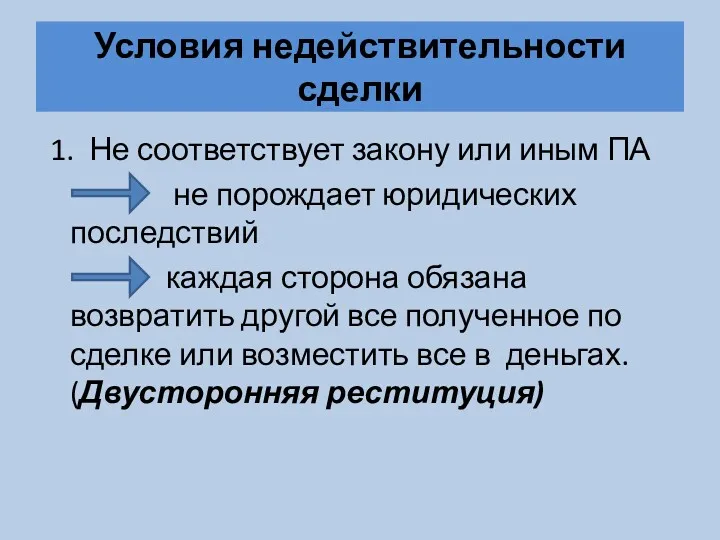 Условия недействительности сделки 1. Не соответствует закону или иным ПА