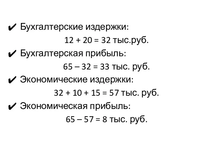 Бухгалтерские издержки: 12 + 20 = 32 тыс.руб. Бухгалтерская прибыль: 65 – 32
