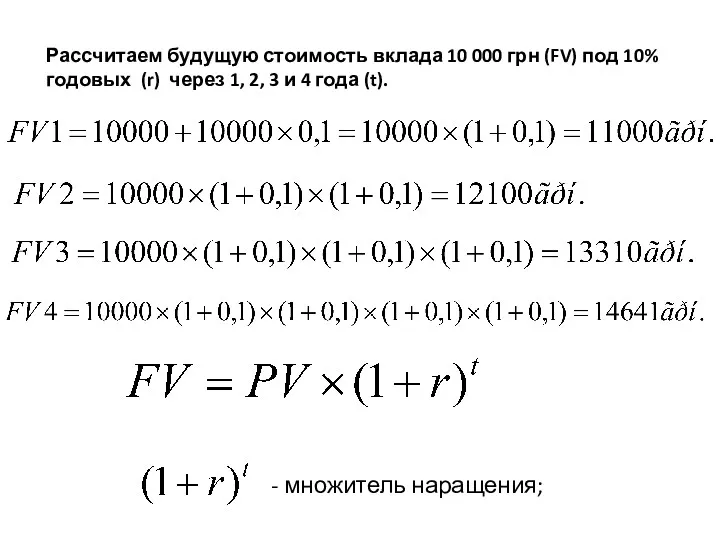 Рассчитаем будущую стоимость вклада 10 000 грн (FV) под 10%