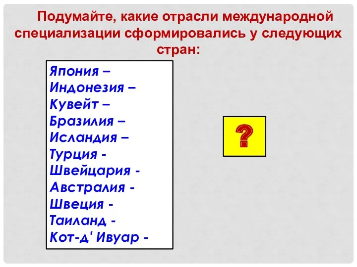 Подумайте, какие отрасли международной специализации сформировались у следующих стран: ?