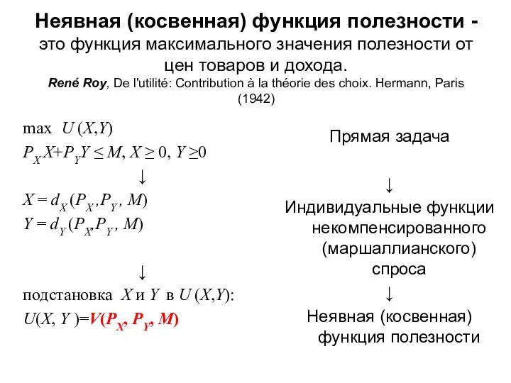 Неявная (косвенная) функция полезности - это функция максимального значения полезности