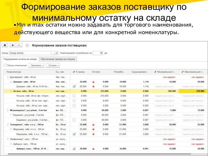 Формирование заказов поставщику по минимальному остатку на складе Min и