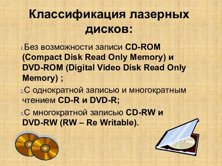 Классификация лазерных дисков: Без возможности записи CD-ROM (Compact Disk Read Only Memory) и