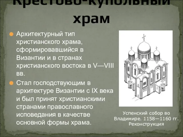 Крестово-купольный храм Архитектурный тип христианского храма, сформировавшийся в Византии и