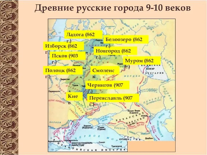 Древние русские города 9-10 веков Новгород (862 г.) Изборск (862 г.) Белоозеро (862