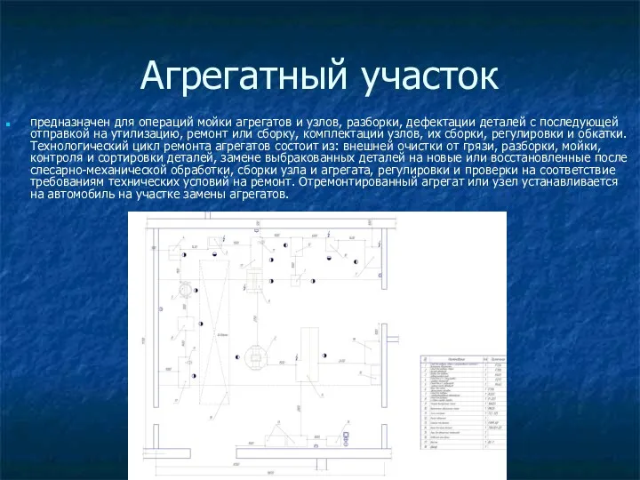 Агрегатный участок предназначен для операций мойки агрегатов и узлов, разборки, дефектации деталей с