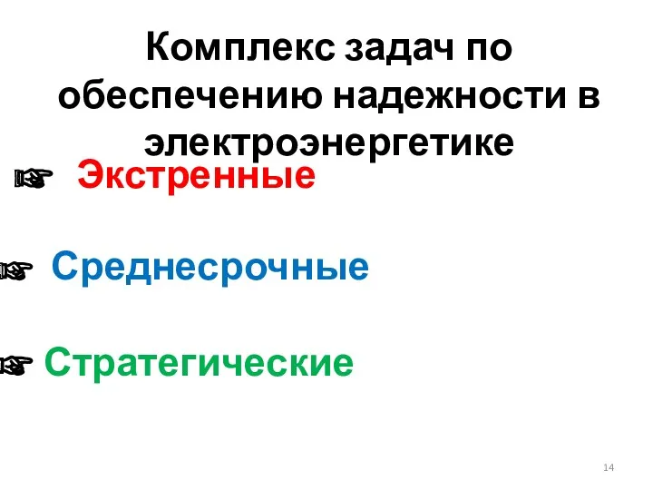 Комплекс задач по обеспечению надежности в электроэнергетике Экстренные Среднесрочные Стратегические