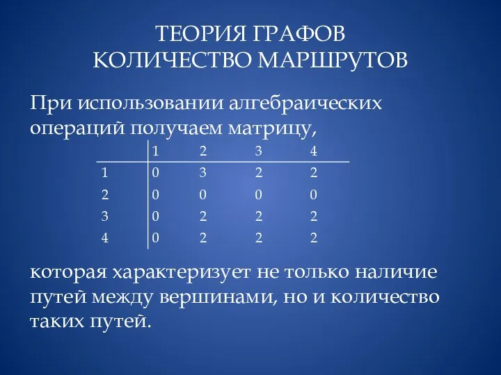 ТЕОРИЯ ГРАФОВ КОЛИЧЕСТВО МАРШРУТОВ При использовании алгебраических операций получаем матрицу,