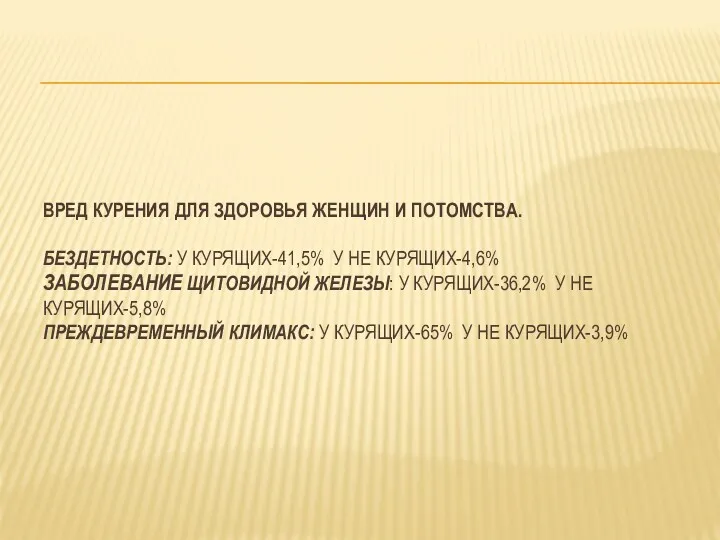 ВРЕД КУРЕНИЯ ДЛЯ ЗДОРОВЬЯ ЖЕНЩИН И ПОТОМСТВА. БЕЗДЕТНОСТЬ: У КУРЯЩИХ-41,5%