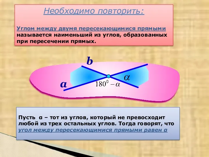 Необходимо повторить: Углом между двумя пересекающимися прямыми называется наименьший из