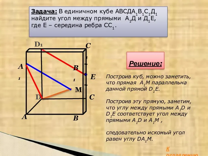 Задача: В единичном кубе АВСДА1В1С1Д1 найдите угол между прямыми А1Д