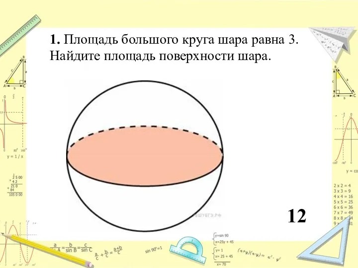 1. Площадь большого круга шара равна 3. Найдите площадь поверхности шара. 12