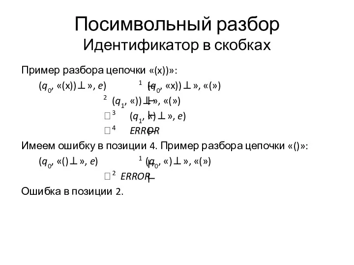 Посимвольный разбор Идентификатор в скобках Пример разбора цепочки «(x))»: (q0,