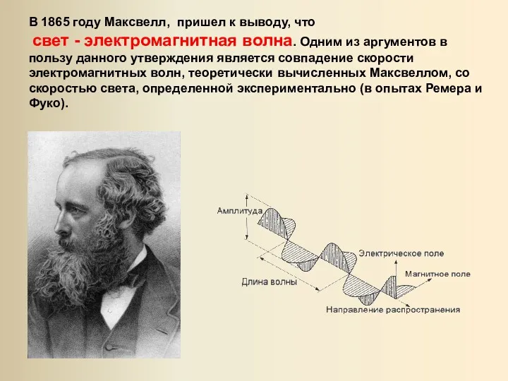 В 1865 году Максвелл, пришел к выводу, что свет -