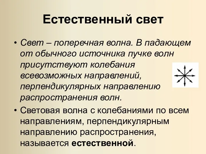 Естественный свет Свет – поперечная волна. В падающем от обычного