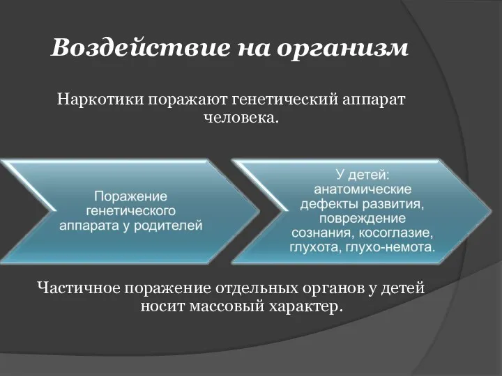 Воздействие на организм Наркотики поражают генетический аппарат человека. Частичное поражение