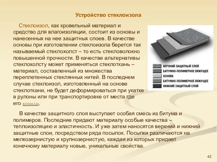 Стеклоизол, как кровельный материал и средство для влагоизоляции, состоит из