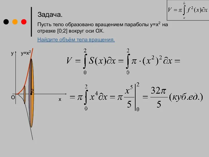 Задача. Пусть тело образовано вращением параболы у=х2 на отрезке [0;2]