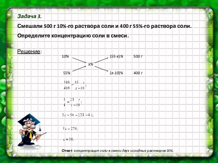 Задача 3. Смешали 500 г 10%-го раствора соли и 400