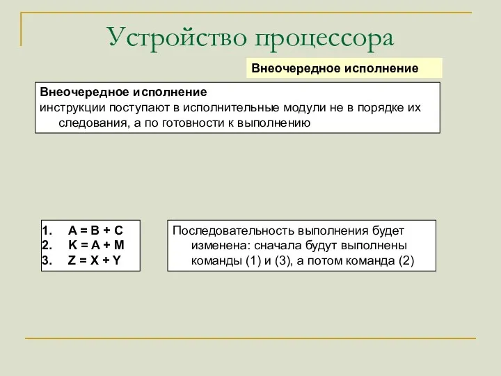 Устройство процессора Внеочередное исполнение Внеочередное исполнение инструкции поступают в исполнительные