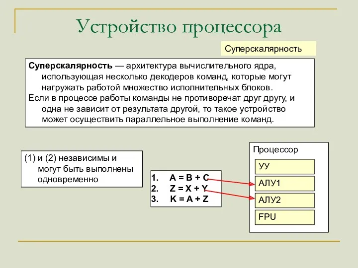 Процессор Устройство процессора Суперскалярность Суперскалярность — архитектура вычислительного ядра, использующая