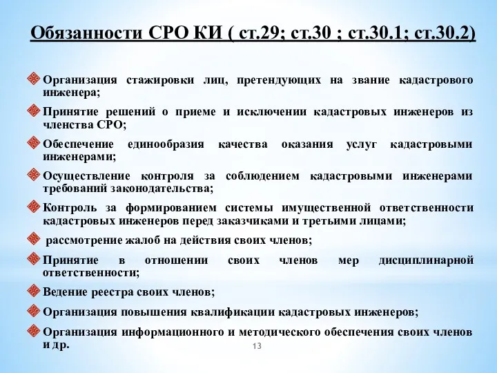 Обязанности СРО КИ ( ст.29; ст.30 ; ст.30.1; ст.30.2) Организация