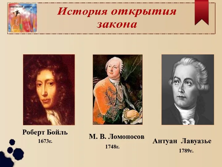 1789г. Роберт Бойль 1673г. 1748г. М. В. Ломоносов Антуан Лавуазье